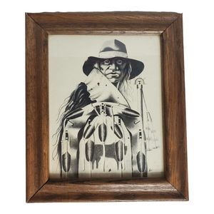 Vintage Framed Print NATIVE AMERICAN INDIAN Oak 8 X 10 Rustic Black White Brown